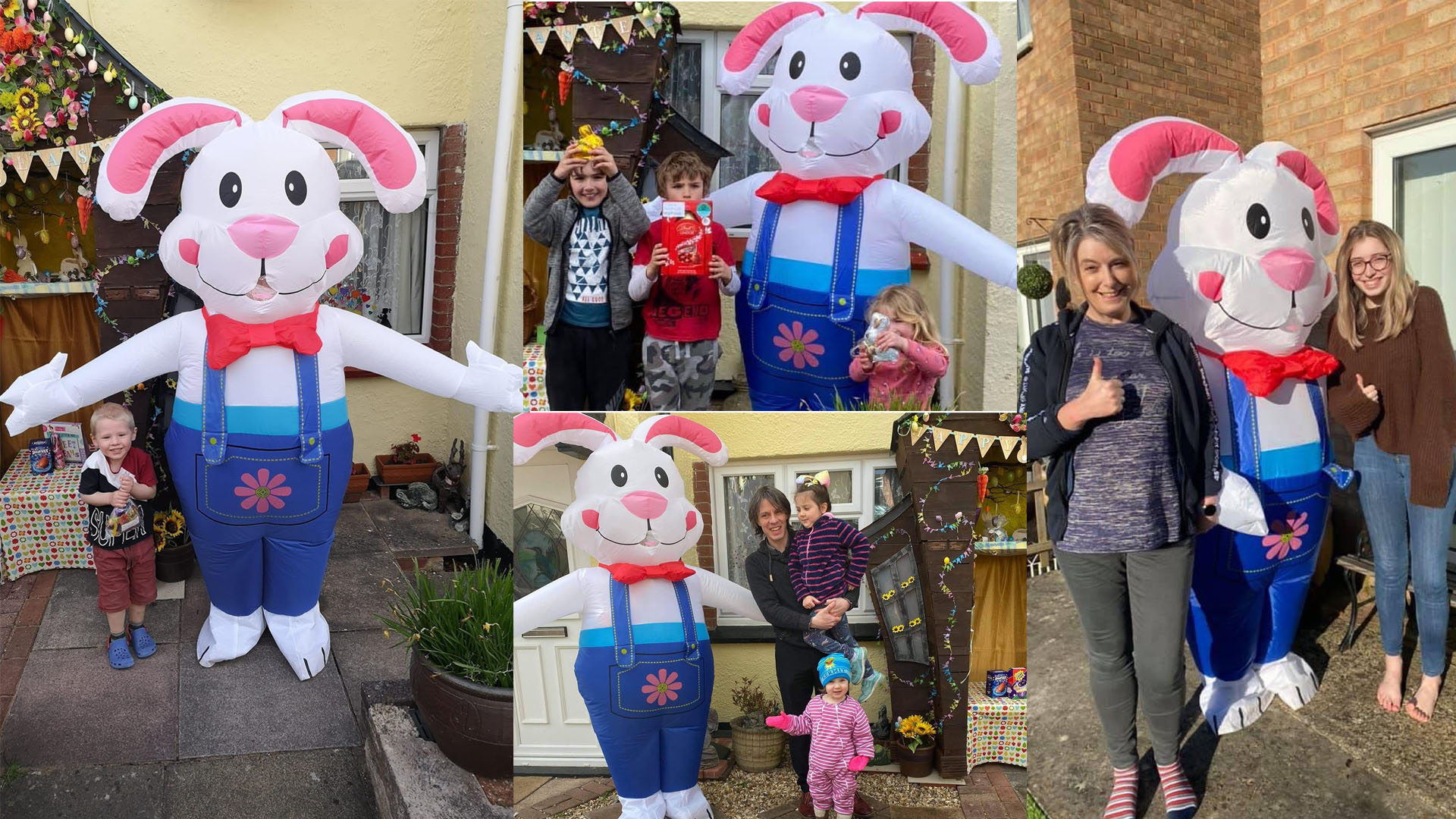 A collage of photos of children with an inflatable Easter Bunny