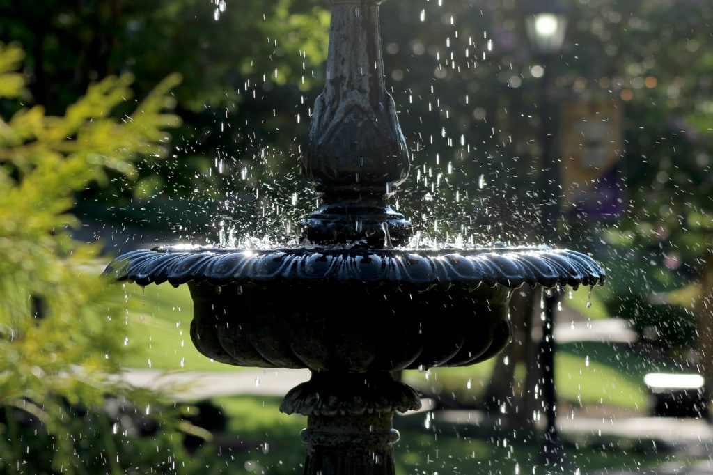 A close-up of a stone water fountain