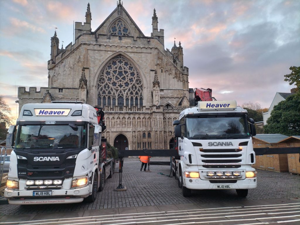 Two lorries in front of Exeter Cathedral