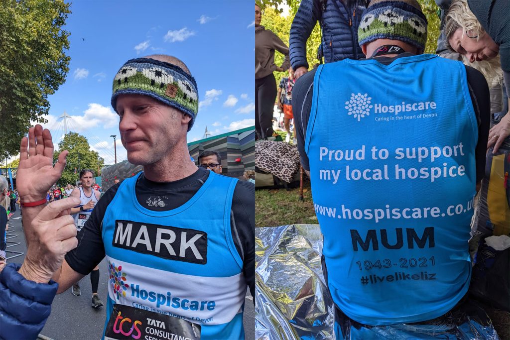 Two photos of a man in a Hospiscare London Marathon vest