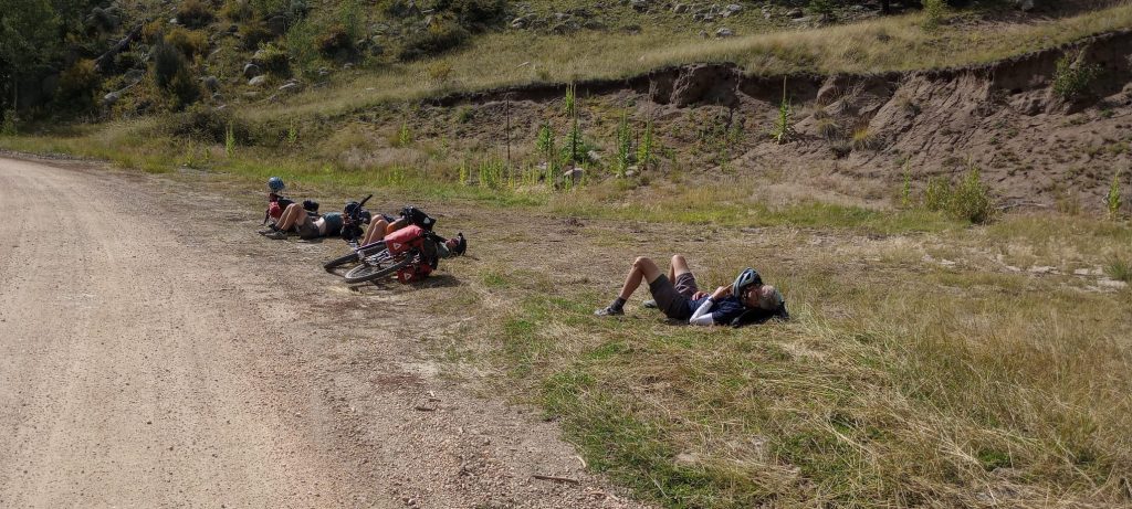 Two men and a bike lying on the grass by a road