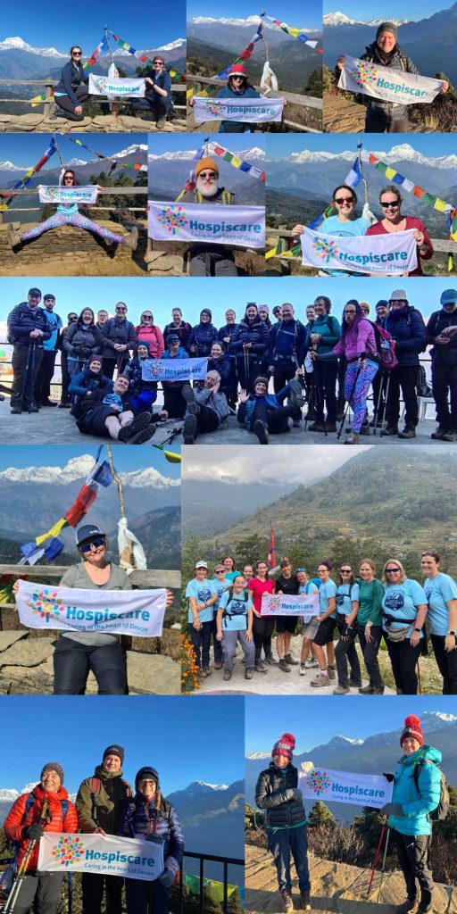 A collage of photos of trekkers holding a Hospiscare flag in the mountains of Nepal